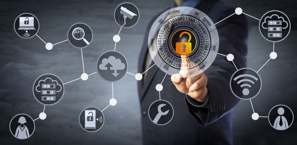 Blue chip manager is unlocking a virtual locking mechanism to access shared cloud resources. Internet concept for identity &amp; access management, cloud storage, cybersecurity and managed services.