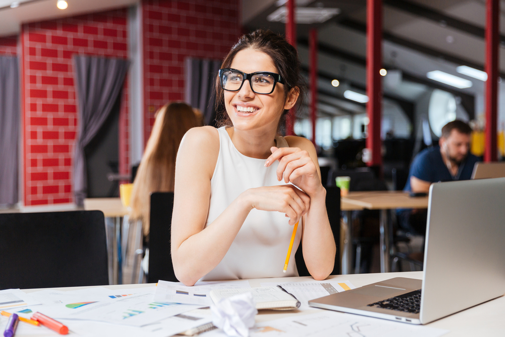 Remote business woman analyzing data